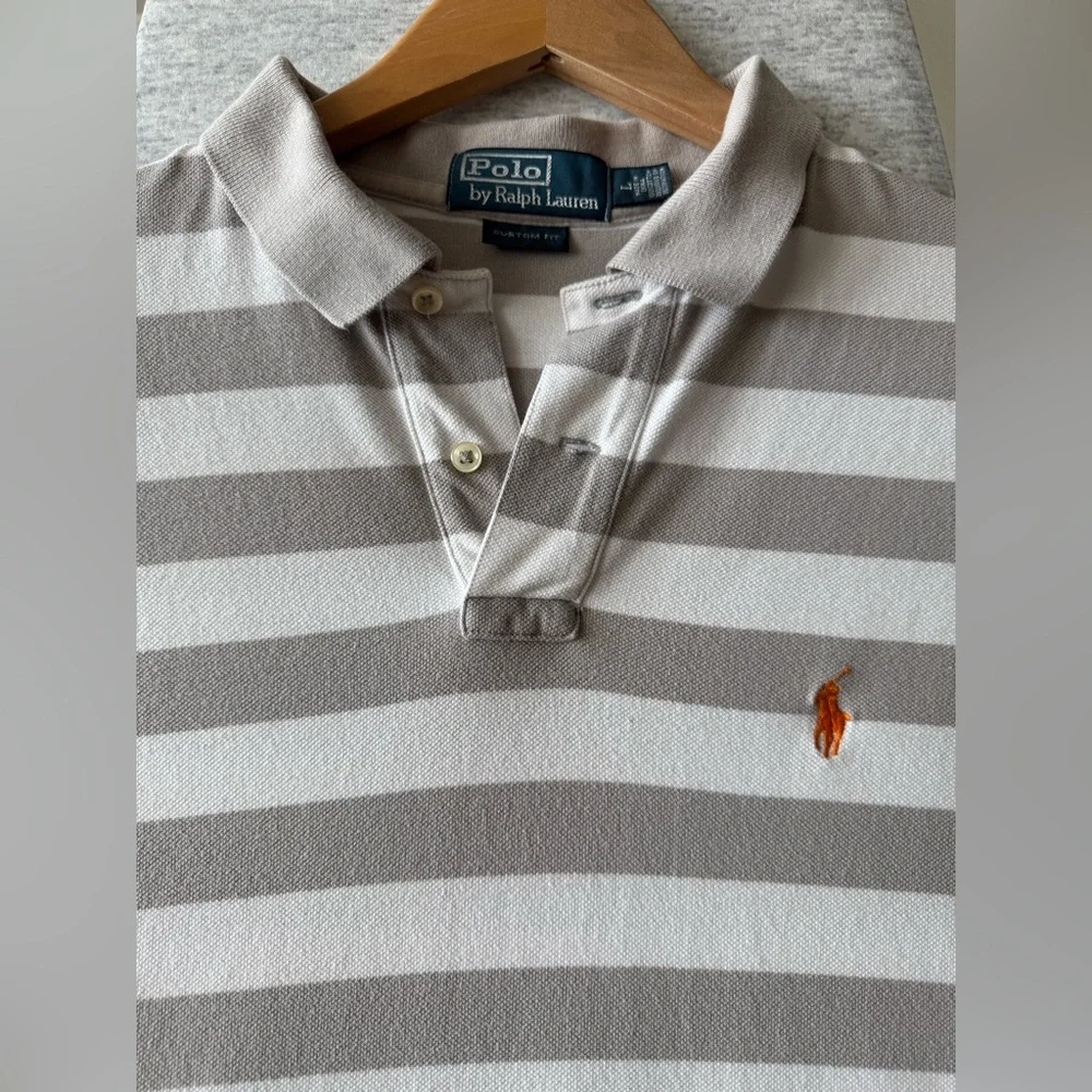 Polo Ralph Lauren Custom Fit Gray White Striped Men's Polo Shirt Size L